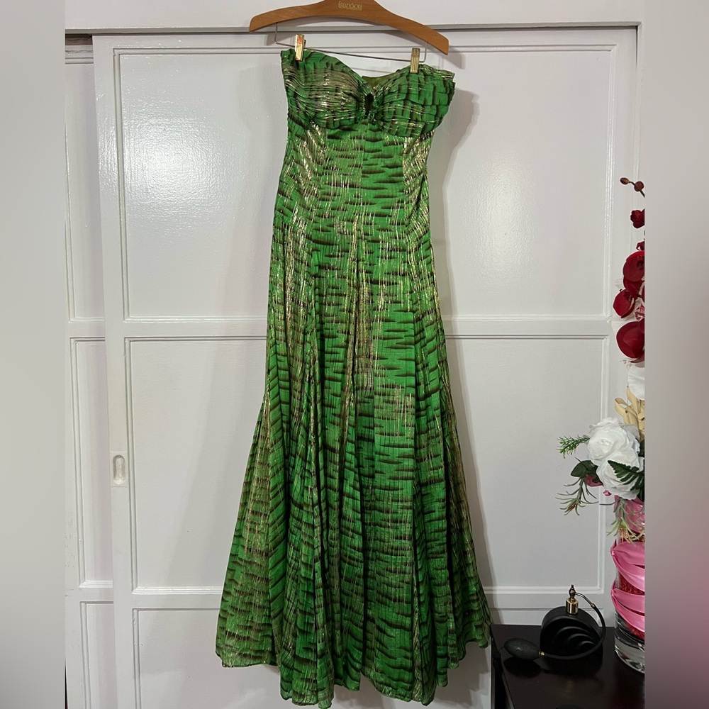 Zac Posen Green Strapless Pleated Gown